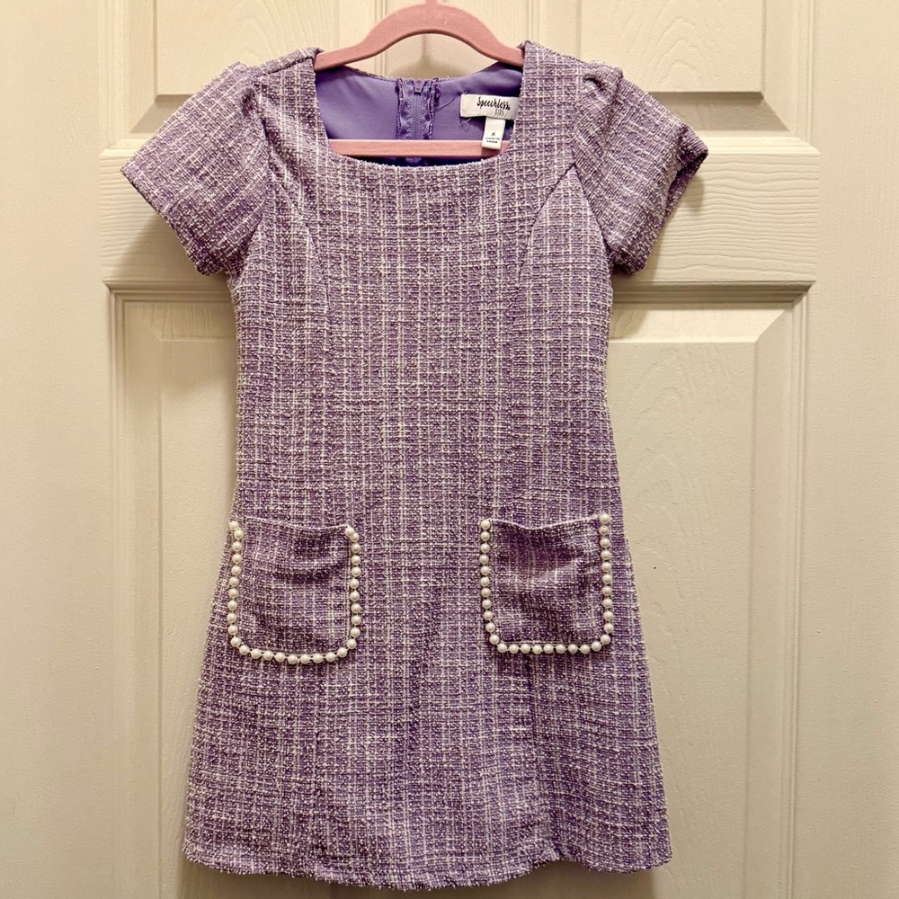 Speechless Kids Girl’s Purple Tweed Faux Pearl Pocket Short Sleeve Dress 5